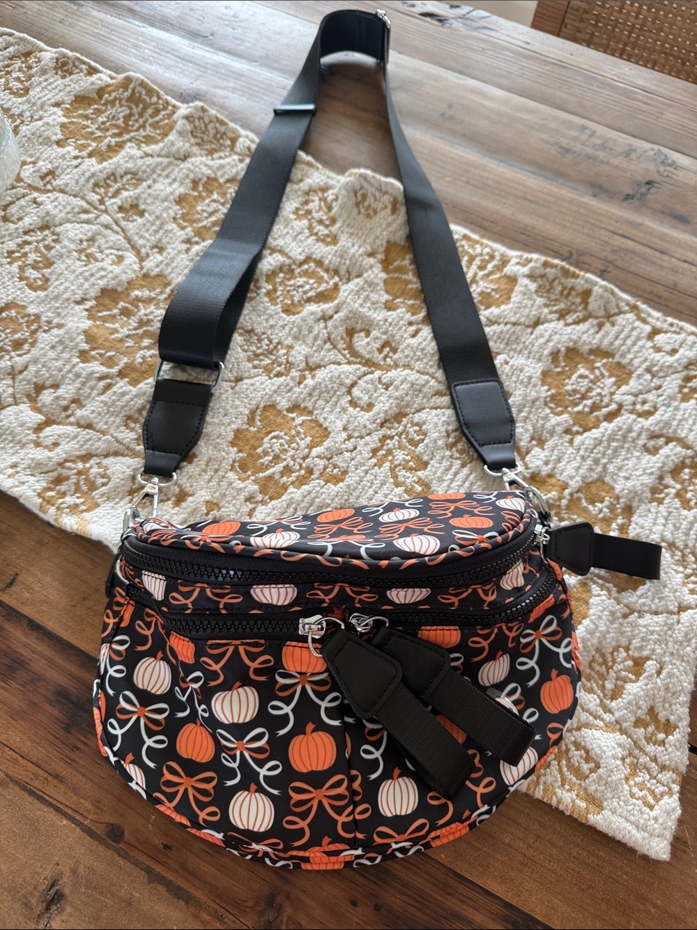 Black Pumpkin-Print Crossbody Bag with Adjustable Strap